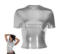 SamHeng Top lucidi da donna, t-shirt slim fit a maniche corte metallizzata olografica, camicetta da festa con collo a lupetto con top corto luccicante, camicetta da discoteca scintillante glitterata