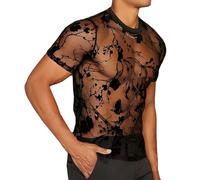 SamHeng Uomo Trasparente Floreale T-shirt Sexy Nero Maglietta a Rete Scollo Rotondo Camicia Top a Manica Corta per Festa Carnevale Disco Clubwear Streetwear (M)
