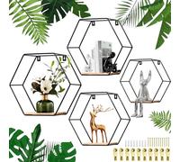 SAMISO Set di 4 Mensole da Muro Design Esagonali - Mensola da Parete Nera Con Base in Legno - Decorazioni Muro Salotto in Metallo