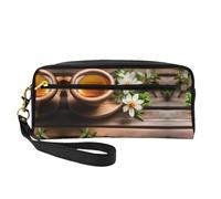 SamLng Beauty case riutilizzabile - Beauty case in pelle con stampa di fiori color foglia di tè su assi di legno, piccola borsa per il trucco da viaggio, organizer per articoli da toeletta con