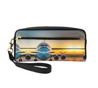 SamLng Beauty case riutilizzabile - Borsa per il trucco con aereo al tramonto stampa in pelle piccola borsa per il trucco da viaggio, organizer per articoli da toeletta con cerniera, nero, Taglia