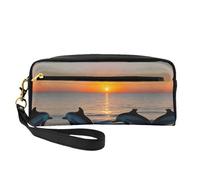 SamLng Beauty case riutilizzabile - Borsa per il trucco in pelle con stampa delfini al tramonto piccola borsa per il trucco da viaggio, organizer per articoli da toeletta con cerniera, nero, Taglia