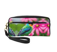 SamLng Beauty case riutilizzabile - Borsa per il trucco in pelle con stampa di fiori colorati e uccellini, piccola borsa per il trucco da viaggio, organizer per articoli da toeletta con cerniera, nero