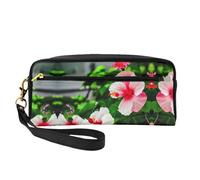 SamLng Beauty case riutilizzabile - Borsa per il trucco in pelle con stampa di fiori di ibisco piccola borsa per il trucco da viaggio, organizer per articoli da toeletta con cerniera, nero, Taglia