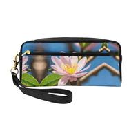 SamLng Beauty case riutilizzabile - Borsa per il trucco in pelle con stampa di fiori di mandorle rosa piccola per viaggi, organizer da toilette con cerniera, nero, Taglia unica