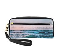 SamLng Beauty case riutilizzabile - Borsa per il trucco in pelle con stampa onde oceaniche piccola per viaggi, organizer per articoli da toeletta con cerniera, nero, Taglia unica