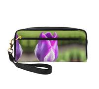 SamLng Beauty case riutilizzabile - Borsa per il trucco in pelle con stampa tulipano viola, piccola borsa per il trucco da viaggio, organizer per articoli da toeletta con cerniera, nero, Taglia unica