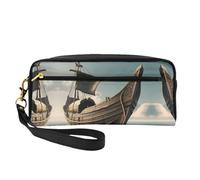 SamLng Beauty case riutilizzabile - Borsa per il trucco in pelle con stampa vecchia barca vichinga piccola borsa per il trucco da viaggio, organizer da toilette con cerniera, nero, Taglia unica