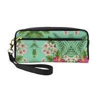 SamLng Beauty case riutilizzabile - Borsa per trucchi hawaiana con foglie tropicali e fiori stampati, piccola borsa per il trucco da viaggio, organizer per articoli da toeletta con cerniera, nero
