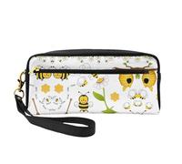 SamLng Beauty case riutilizzabile - Borsa per trucchi in pelle con stampa di api volanti margherite miele piccola borsa per il trucco da viaggio, organizer per articoli da toeletta con cerniera, nero