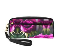 SamLng Beauty case riutilizzabile - Borsa per trucchi in pelle con stampa di rose viola, piccola borsa per il trucco da viaggio, organizer per articoli da toeletta con cerniera, nero, Taglia unica