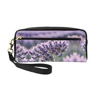 SamLng Beauty case riutilizzabile - Borsa per trucchi in pelle con stampa fiori di lavanda piccola per viaggi, organizer per articoli da toeletta con cerniera, nero, Taglia unica