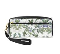 SamLng Beauty case riutilizzabile - Borsa per trucchi in pelle con stampa foglie di eucalipto verde piccola borsa per il trucco da viaggio, organizer per articoli da toeletta con cerniera, nero