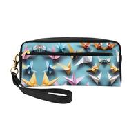 SamLng Beauty case riutilizzabile - Borsa per trucchi in pelle con stampa origami gru di carta piccola borsa per il trucco da viaggio, organizer da toilette con cerniera, nero, Taglia unica
