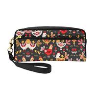 SamLng Beauty case riutilizzabile - Graziosa borsa per il trucco in pelle con stampa di galline di gallo, piccola borsa per il trucco da viaggio, organizer per articoli da toeletta con cerniera, nero