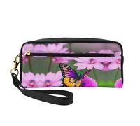 SamLng Beauty case riutilizzabile - Piccola borsa per il trucco in pelle con stampa di farfalle e fiori viola per viaggi, organizer per articoli da toeletta con cerniera, nero, Taglia unica