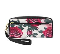 SamLng Beauty case riutilizzabile - Piccola borsa per il trucco in pelle con stampa di fiori di rosa in fiore per viaggi, organizer per articoli da toeletta con cerniera, nero, Taglia unica