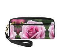 SamLng Beauty case riutilizzabile - Piccola borsa per il trucco in pelle con stampa di fiori di rosa rosa per viaggi, organizer per articoli da toeletta con cerniera, nero, Taglia unica