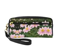 SamLng Beauty case riutilizzabile - Piccola borsa per il trucco in pelle con stampa di fiori rosa bianco oro per viaggi, organizer per articoli da toeletta con cerniera, nero, Taglia unica