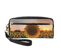 SamLng Beauty case riutilizzabile - Piccola borsa per il trucco in pelle con stampa di girasole e tramonto per viaggi, organizer per articoli da toeletta con cerniera, nero, Taglia unica