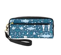 SamLng Beauty case riutilizzabile - Piccola borsa per il trucco in pelle con stampa di pesce blu per viaggi, organizer per articoli da toeletta con cerniera, nero, Taglia unica