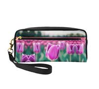 SamLng Beauty case riutilizzabile - Piccola borsa per il trucco in pelle con stampa di tulipani viola per viaggi, organizer per articoli da toeletta con cerniera, nero, Taglia unica