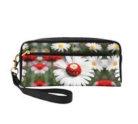 SamLng Beauty case riutilizzabile - Piccola borsa per il trucco in pelle con stampa floreale e margherite bianche per viaggi, organizer per articoli da toeletta con cerniera, nero, Taglia unica