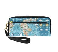 SamLng Beauty case riutilizzabile - Piccola borsa per il trucco in pelle con stampa mappa della Grecia per viaggi, organizer per articoli da toeletta con cerniera, nero, Taglia unica