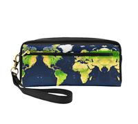 SamLng Beauty case riutilizzabile - Piccola borsa per il trucco in pelle stampata con mappa del mondo per viaggi, organizer per articoli da toeletta con cerniera, nero, Taglia unica