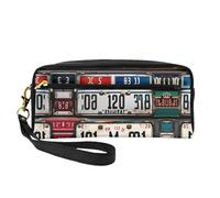 SamLng Beauty case riutilizzabile - Piccola borsa per il trucco in pelle stampata con targa vecchia per viaggi, organizer per articoli da toeletta con cerniera, nero, Taglia unica