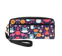 SamLng Beauty case riutilizzabile - Simpatica trousse in pelle con stampa di gatti, uccelli e fiori, piccola borsa per il trucco da viaggio, organizer per articoli da toeletta con cerniera, nero