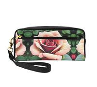 SamLng Beauty case riutilizzabile - Trousse rustica in pelle con stampa di fiori di rosa, piccola borsa per il trucco da viaggio, organizer per articoli da toeletta con cerniera, nero, Taglia unica