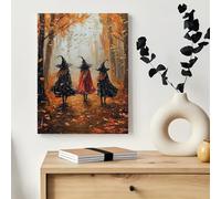 SamLng Quadro su tela con scena autunnale e tre streghe per decorazioni di Halloween (55x75 cm/con cornice)