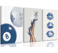 SamLng Set di 3 tele da parete blu alla moda, con stampe di tendenza di palla da discoteca, palla numero 8, martini e bacio per un arredamento di casa alla moda (30x40cmx3/Senza cornice)