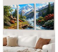 SamLng Tre pannelli raffiguranti una scena di montagna con baita, ponte, cascata e alberi colorati, ideali per soggiorno, ufficio o corridoio (30x40 cm x 3/con cornice).