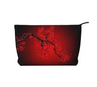 SamLng Trousse in velluto a coste con fiori di ciliegio rosso, organizer per cosmetici e articoli da toeletta con cerniera, pratica custodia per trucco da donna, nera, taglia unica