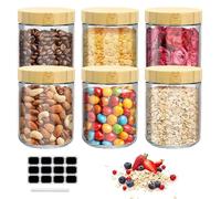 Samlonge 6 pcs Oats Contenitore 500ML Barattoli Vetro con Coperchio Meal Prep Contenitore, Barattoli Spezie Vetro con Coperchi in Bambù, Contenitori Spezie per Cucina Ermetici, con Etichette e Penna