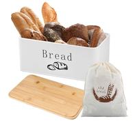 Samlonge Portapane con Sacchetto di Lino, Contenitore per pane, Cassetta per Pane con Coperchio in Bambù adatto Come Tagliere, Portapane per una Freschezza Duratura, 33 x 18 x 13,5 cm (Bianco)