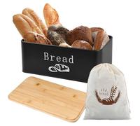 Samlonge Portapane con Sacchetto di Lino, Contenitore per pane, Cassetta per Pane con Coperchio in Bambù adatto Come Tagliere, Portapane per una Freschezza Duratura, 33 x 18 x 13,5 cm (Nero)
