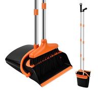Samlonge Set Paletta e Scopa con 137cm Manico Lungo, Scopa Alta e Paletta Verticale Scopa e Paletta Salvaspazio Combinata per la Pulizia Della Casa Interni Giardino (Nero Arancione)