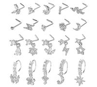 SAMOCO 20Pcs 20G ciondola l'anello del naso a forma di L Dangling Nose Stud per le donne in acciaio inossidabile anello borchie CZ fiore ciondola anelli naso cerchi naso gioielli piercing, Acciaio