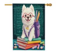 Samoiedo Cane Matite Libri Bandiere Casa 71 x 101 cm Doppio Lato per Esterno, Rientro a Scuola Cucciolo Standard Verticale Tela Home Flag, Fun Class Front Yard Backyard Stampa Bandiera