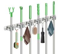 Sampoes Porta Scope Parete, Portascope da Muro in Acciaio Inox, Appendi Scope a Muro con 6 Supporti e 5 Ganci per Cucina, Bagno, Garage