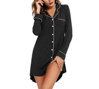 Samring Camicia da notte da donna a maniche corte a maniche lunghe, camicia da notte per fidanzato, camicia da notte con bottoni, taglie S-XXL, Nero, L