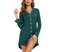 Samring Camicia da notte da donna, a maniche corte/lunghe, con bottoni, camicia da notte per fidanzato, camicia da notte S-XXL, Manica lunga-verde, L