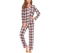 Samring Pigiama da donna a maniche lunghe pigiama morbido con bottoni set pigiama da donna, S-XXL, Scozzese rosso e bianco, L