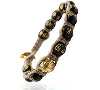 Samsara - Bracciale Tibetano Buddista Shamballa | Pietra Onice Lucido e Mantra Oro | Regolabile 18,5-22,5 cm | Chakra, Bracciale perline, Nero, Cotone