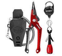 SAMSFX, Pinze da Pesca in Alluminio per Rimuovere ami e trecce, con Cordino a Spirale e Fodero, Strumento per Legare Nodi e divaricatori, Manico Grigio e Rosso, Punta ad Anello Diviso da 17,8 cm