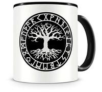 Samunshi® Yggdrasil - Tazza da caffè o tè con rune, regalo per i fan dei vichinghi e tedeschi, tazza da caffè o tè, divertente, in ceramica, nera, 300 ml