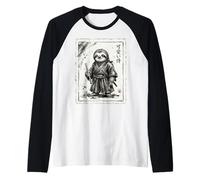 Samurai Bradipo Guerriero Arte Giapponese con Flauto Giappone Zen Maglia con Maniche Raglan